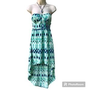 ENVY ME S Aqua Blue Green High Low Boho strapless summer dress Size Small
